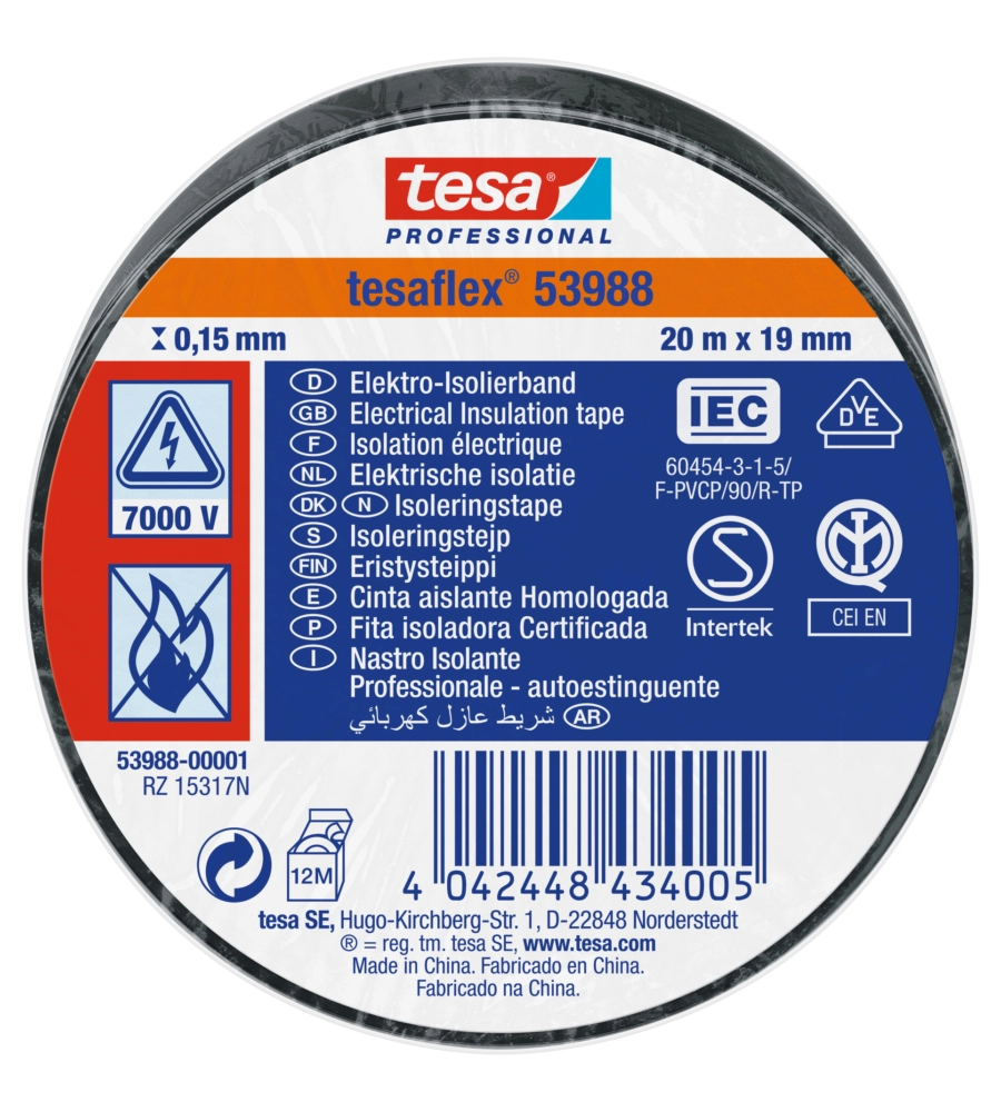 NASTRO ISOLANTE ELETTRICO IN PVC NERO, 19 MM X 20 MT - TESA
